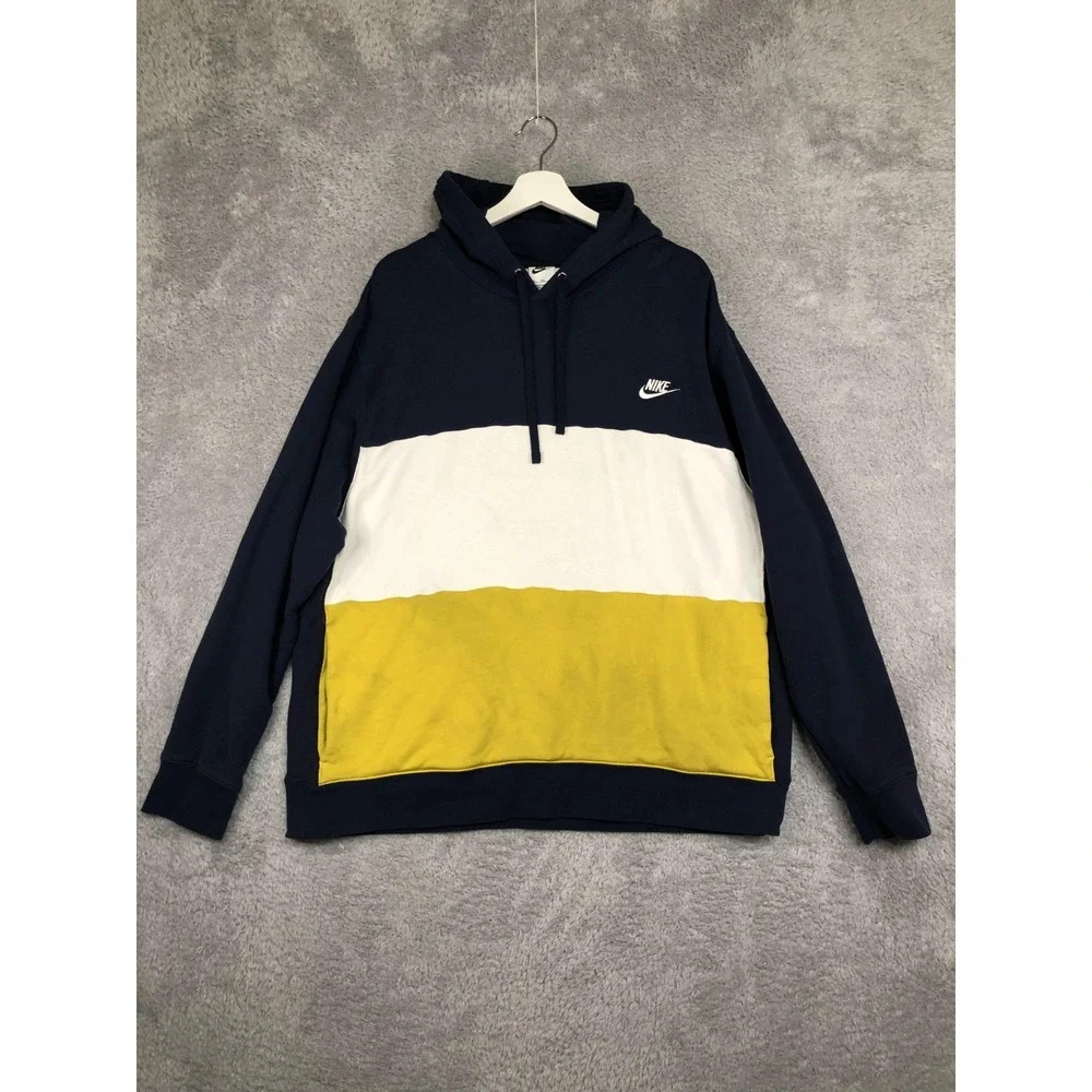 Nike Hoodie Men's XXL Yellow Navy White Club Fleece Color Block Pullover